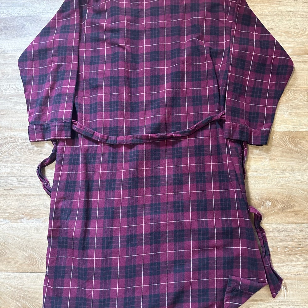 Vtg L.L.Bean Men's Scotch Plaid Flannel Robe Maroon Blue Tartan Cotton Size L - Picture 8 of 8